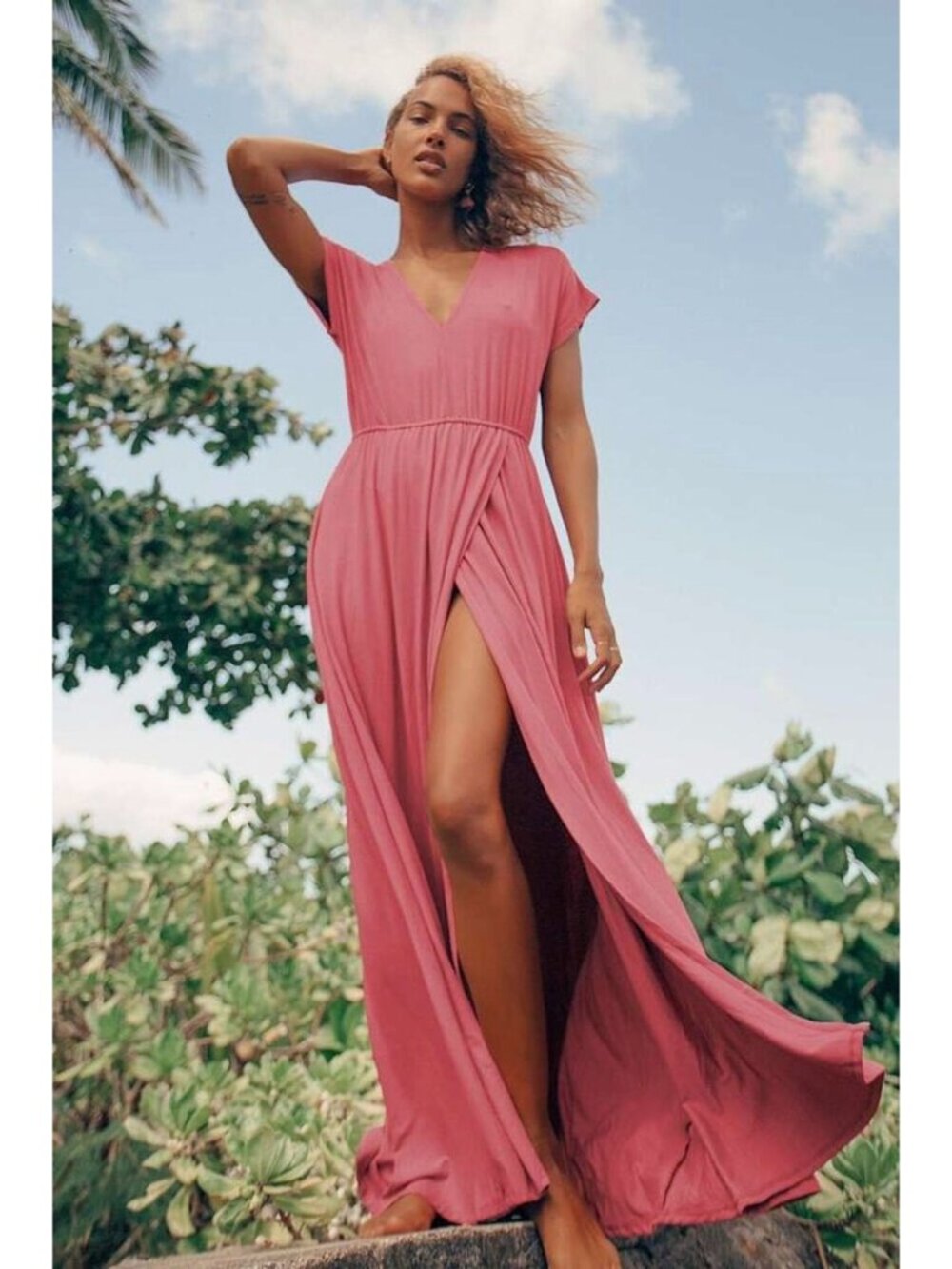 NWT Lulus Easy for Me Rusty Rose Short Sleeve Stretch Jersey Maxi Dress - Medium